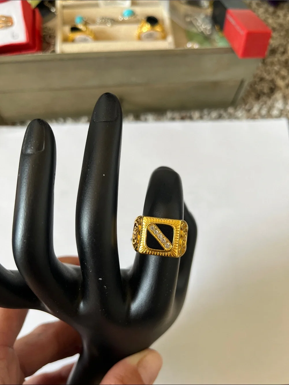 18k Plated Men’s Signet Ring with Black Onyx and Clear Stones size 7